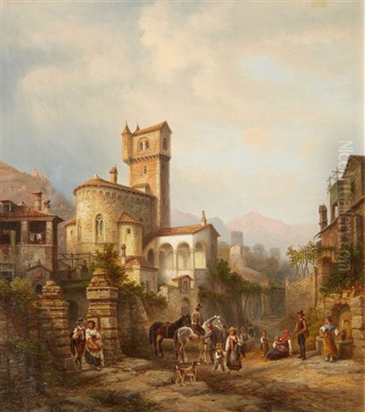 View Of A Small Town With A Romanesque Church Oil Painting by Henry Jackel