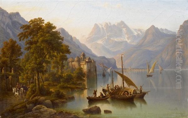 Ansicht Vom Genfer See Mit Schloss Chillon Oil Painting by Henry Jackel