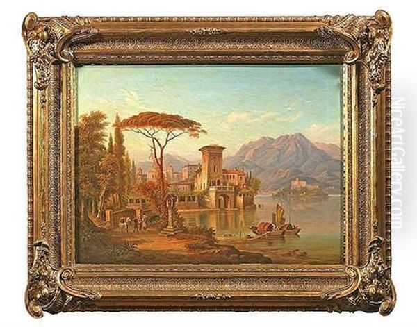 Oberitalienische Landschaft Mit Einer Kleinen Ortschaft An Einem See (lago Di Orta?) Oil Painting by Henry Jackel