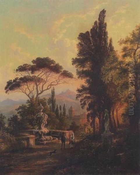 Sudliche Landschaft Mit Brunnen Und Figurengruppe Im Abendlicht Oil Painting by Henry Jackel