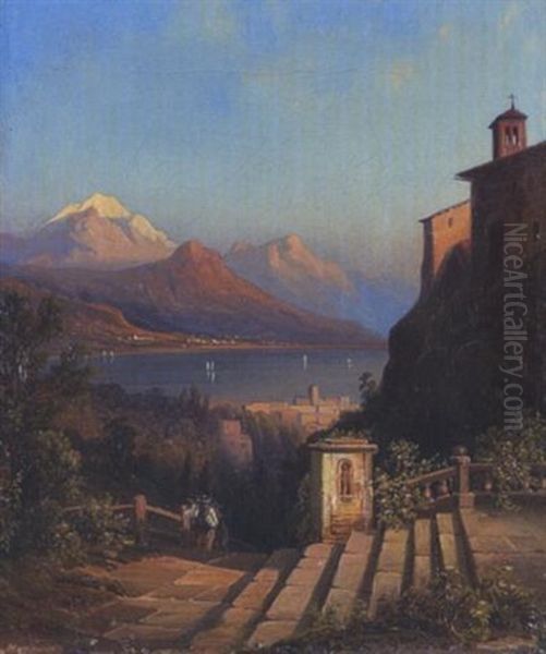 Blick Von Einer Klosteranlage Auf Einen Sudlichen Gebirgssee (laggo Maggiore?) Oil Painting by Henry Jackel