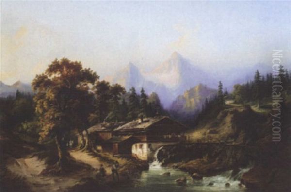 A Cabin Beneath The Mountains Oil Painting by Henry Jackel