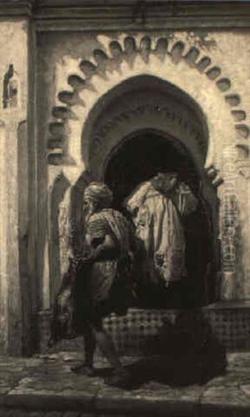 Water Vendor Passing By The Entrance To A Mosque Oil Painting by Henry Jackel