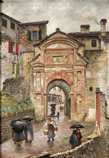 Ansicht Der Norditalienischen Stadt Belluno Mit Blick Auf Ein Altes Stadttor Mit Figurenstaffage Oil Painting by Robert Jaeckel