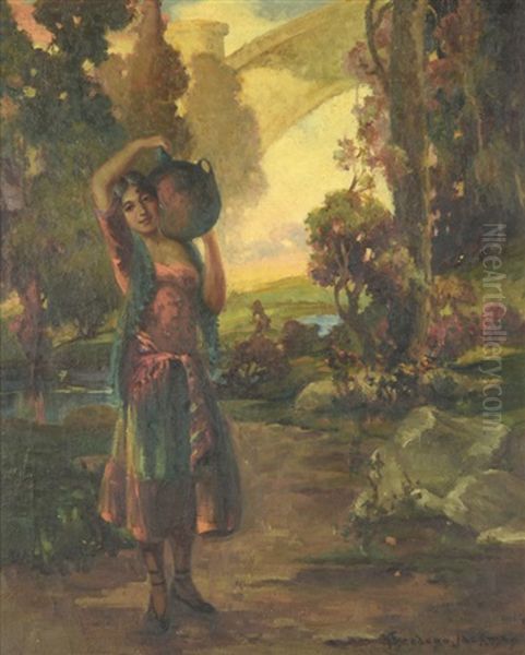 A Spanish Woman Carrying Water Jug Oil Painting by Oscar Theodore Jackman