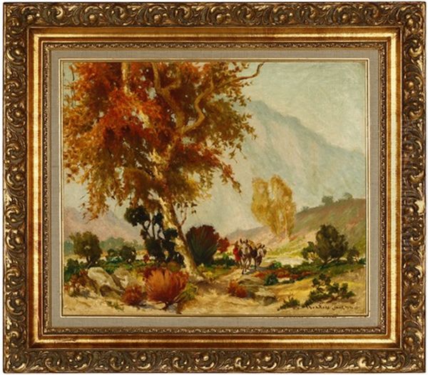 A Figure With Donkeys Under A Sycamore Tree Oil Painting by Oscar Theodore Jackman