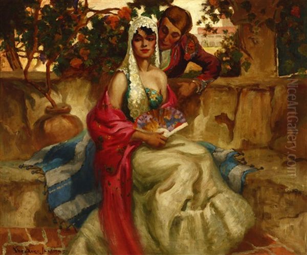 A Courtesan And Woman Sitting In A Courtyard Oil Painting by Oscar Theodore Jackman