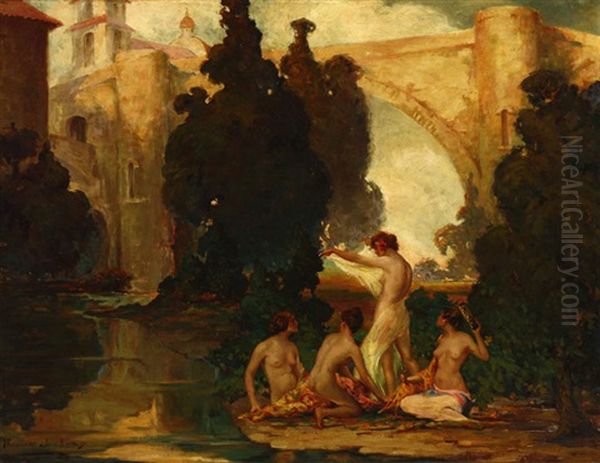 Nude Arcadian Women Dancing And Playing Music Oil Painting by Oscar Theodore Jackman