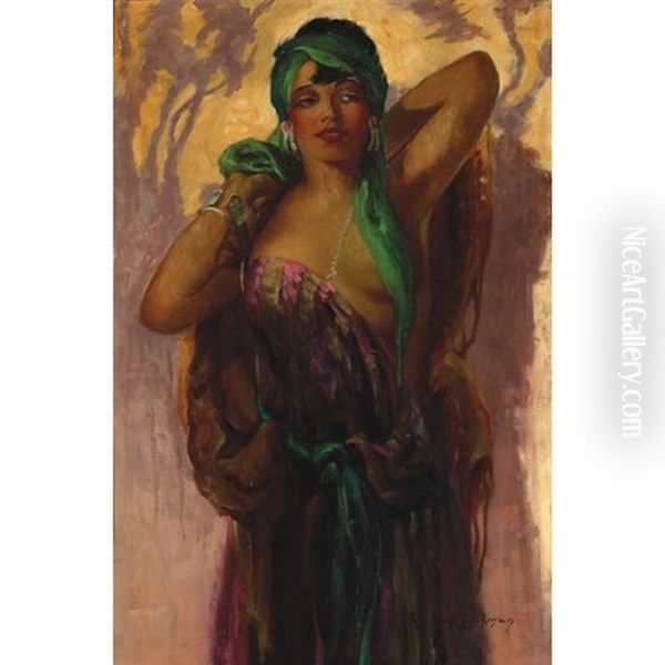 A Young Beauty With A Green Scarf by Oscar Theodore Jackman