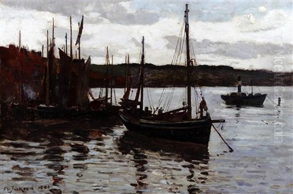 Fishing Boats In Staithes Harbour Oil Painting by Frederick William Jackson