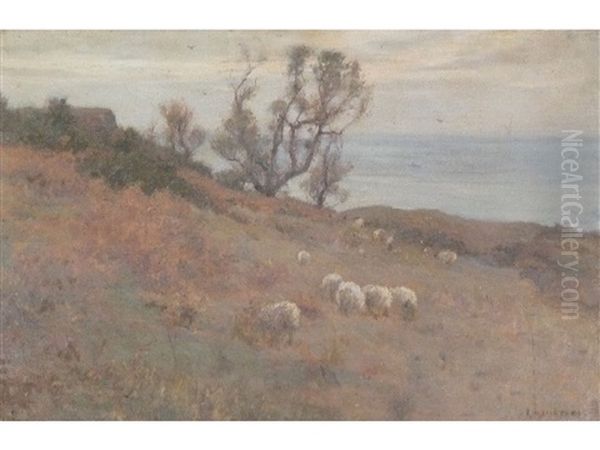 Sea View, Possibly Runswick Bay, With Cottage And Trees, Sheep In The Foreground Oil Painting by Frederick William Jackson