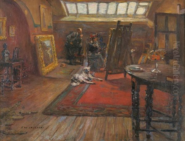 The Artist's Studio, With A Lady And Gentleman Examining A Picture On An Easel Oil Painting by Frederick William Jackson