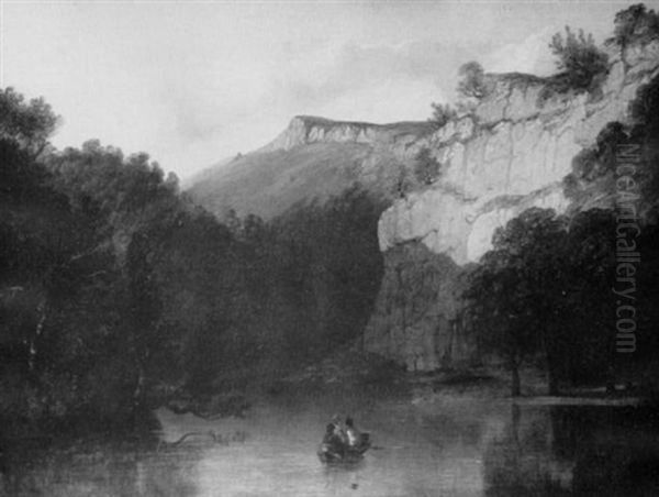 Anglers On A River Beneath Chalk Cliffs Oil Painting by Samuel Phillips Jackson