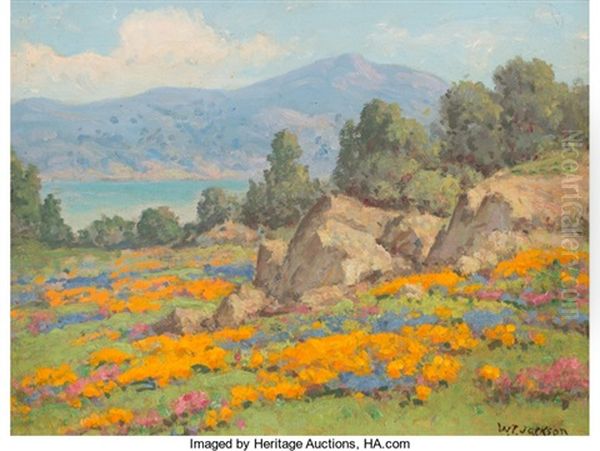 Coastal View With Poppies And Lupine Oil Painting by William Franklin Jackson