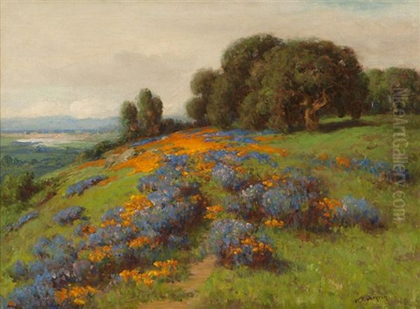 California Poppies And Lupine, Foothills Of Sierras, With Glimpse Of Sacramento Valley Oil Painting by William Franklin Jackson