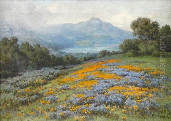 Poppies And Lupine With Mt. Tamalpais In The Distance Oil Painting by William Franklin Jackson