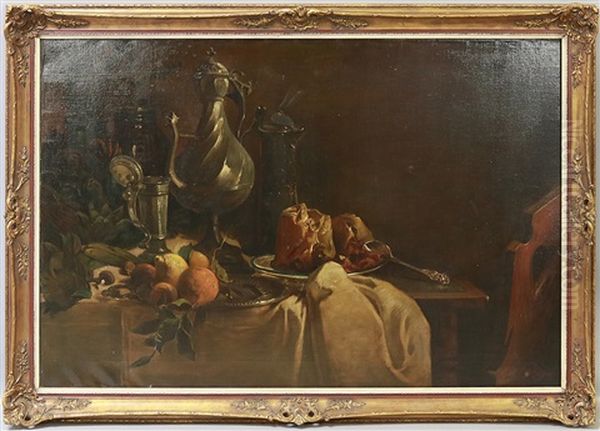 Grosformatiges Stillleben Mit Fruchten Und Tafelgerat, Auf Einer Tischkante Arrangiert Oil Painting by Julius Jacob the Younger