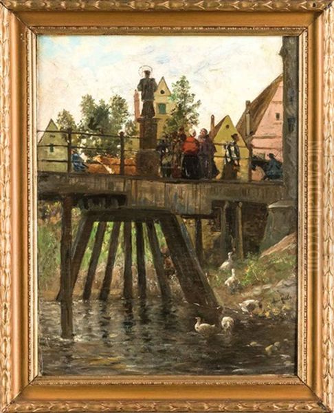 Dorfliche Brucke Mit Einer Figur Des Johannes Nepomuk, Vieh- U. Figurenstaffage by Julius Jacob the Younger