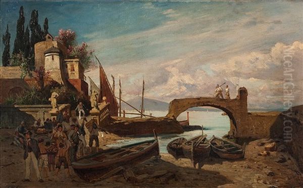 Hafenszene In Suditalien Oil Painting by Julius Jacob the Younger