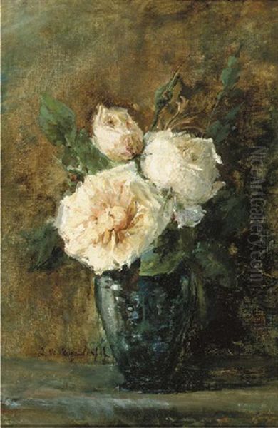 White Roses In A Blue Vase Oil Painting by Adrienne Jacqueline 's Jacob