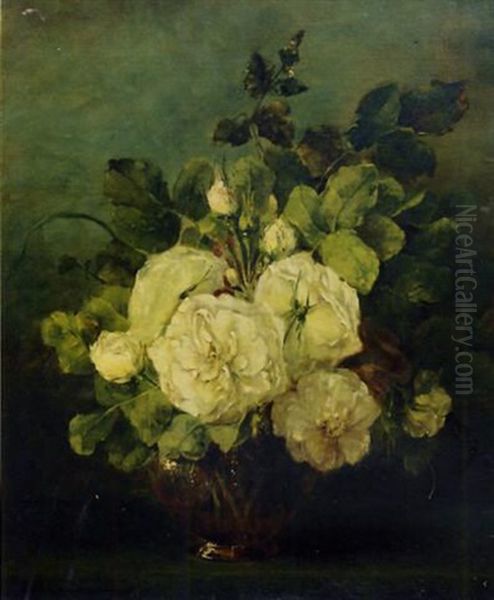 White Roses In A Glass Vase Oil Painting by Adrienne Jacqueline 's Jacob