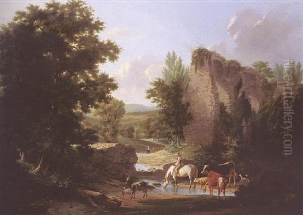 Berger Et Son Troupeau S'abreuvant Pres Des Ruines Oil Painting by Claude-Antoine Jacob