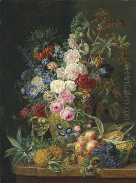 Roses, Carnations, Sweet William And Other Flowers In An Alabaster Vase, With Pineapples And A Basket Of Fruit And Vegetables, On A Marble Ledge Oil Painting by Moise Jacobber