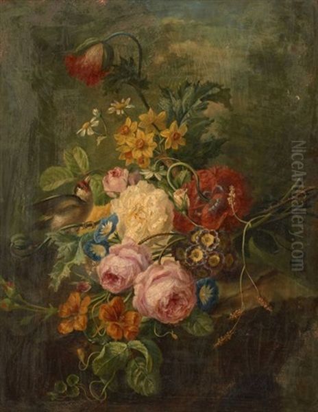 Jete De Fleurs Et Chardonneret Oil Painting by Moise Jacobber