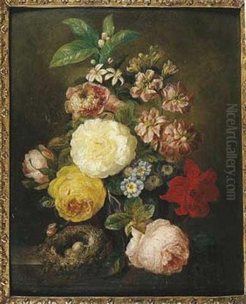 Nature Morte Au Vase De Fleurs Et Nid D'oiseau Sur Un Entablement Oil Painting by Moise Jacobber