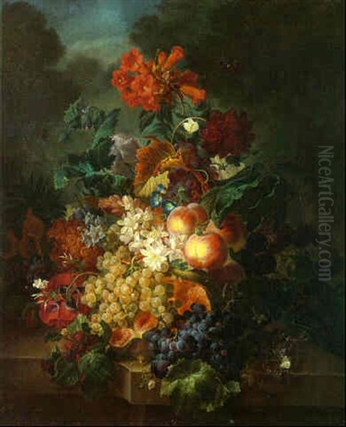 Flowers Together With Fruit On A Ledge With Butterflies Hovering And A Landscape Beyond Oil Painting by Moise Jacobber