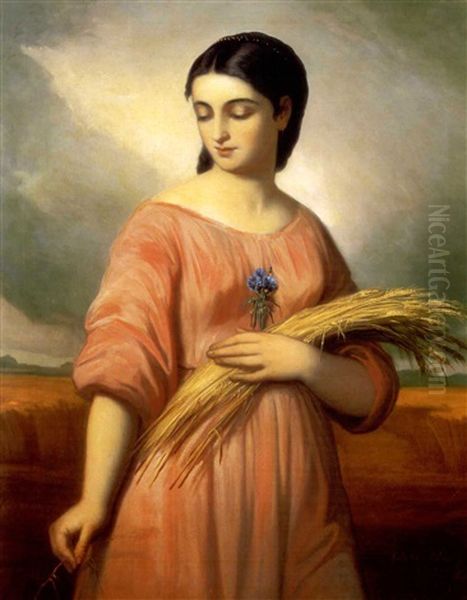 Fiatal Leany Buzaviraggal (young Girl With Wheat-ear) Oil Painting by Karoly Jacobey