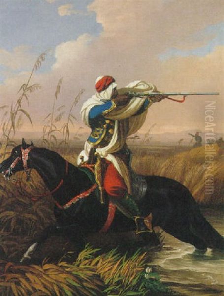 An Arab Horseman Fleeing From Attack Oil Painting by Karoly Jacobey