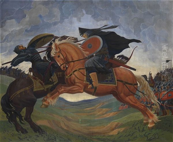 The Single Combat Between Peresvet And Chelubei Before The Battle Of Kulikovo Oil Painting by Mavriky Jacobi