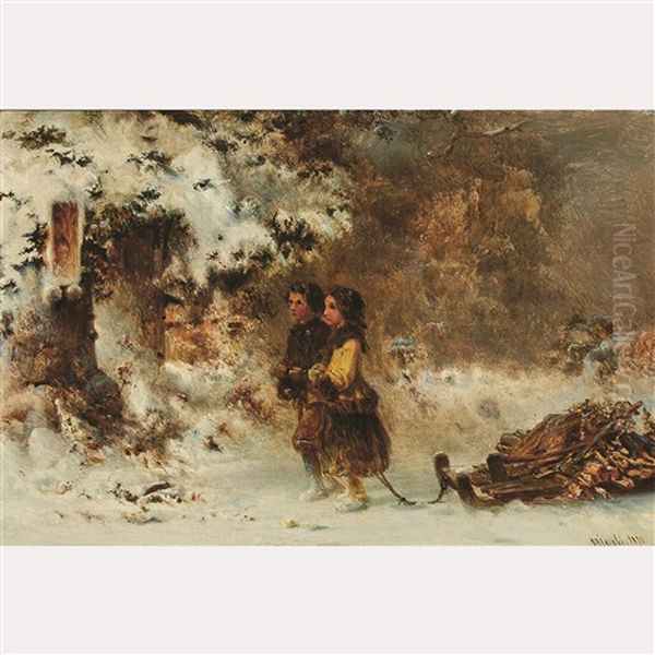 Two Children Hauling Firewood Oil Painting by Otto Reinhold Jacobi