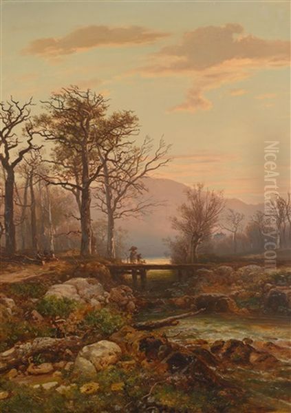 Flusslandschaft Mit Staffage Im Abendrot Oil Painting by Otto Reinhold Jacobi