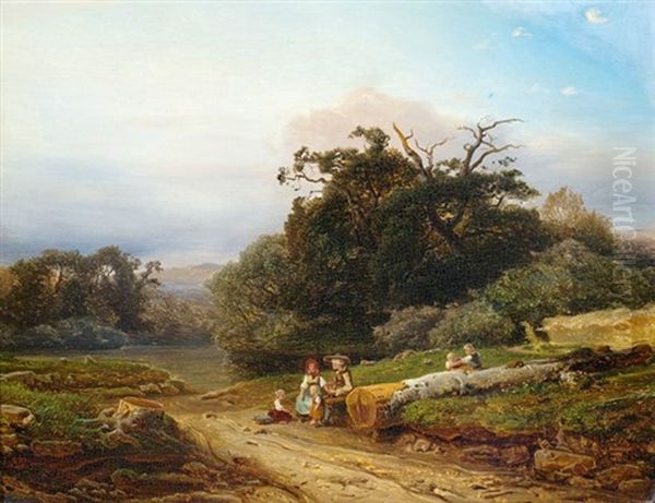 Landschaft Mit Einer Bauernfamilie Bei Der Rast Oil Painting by Otto Reinhold Jacobi