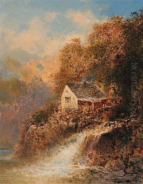 Water Mill Oil Painting by Otto Reinhold Jacobi