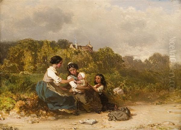 Young Women Gathered Attending To A Child Oil Painting by Otto Reinhold Jacobi