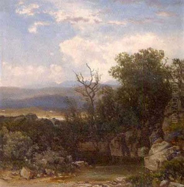 Fels Und Baumgesaumtes Gewasser Vor Weiter, In Die Tiefe Gestaffelter Berglandschaft Oil Painting by Otto Reinhold Jacobi