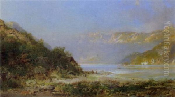 Lakeside Cottage With Distant Mountains Oil Painting by Otto Reinhold Jacobi