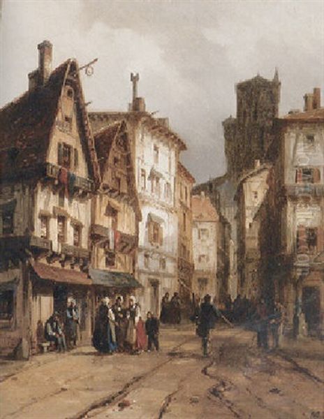 Blick In Eine Alte Strase Mit Zahlreichen Passanten Und Prachtvollen Mittelalterlichen Hausern Oil Painting by Otto Reinhold Jacobi