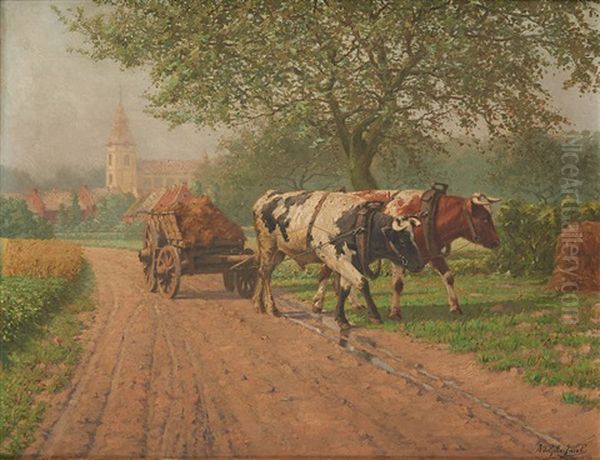 Chariot Attele Dans Le Village Oil Painting by Adolphe Jacobs