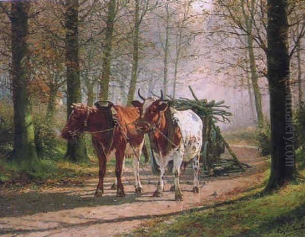 Oxen Hauling A Cart Oil Painting by Adolphe Jacobs