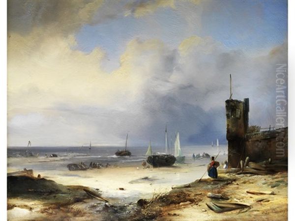 Niederlandischer Strand Mit Fischerbooten Und Einer Leuchtturmmauer Oil Painting by Albrecht Michael Jacob Jacobs