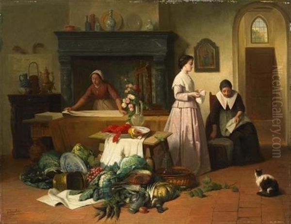 Kucheninterieur Eines Herrschaftlichen Hauses Mit Drei Magden Oil Painting by Frans Herman Jacobs