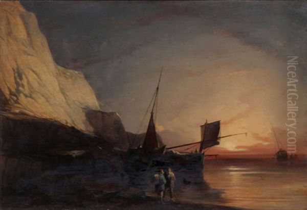 Fishermen At The Beach At Sunset Oil Painting by Jacob Jacobs