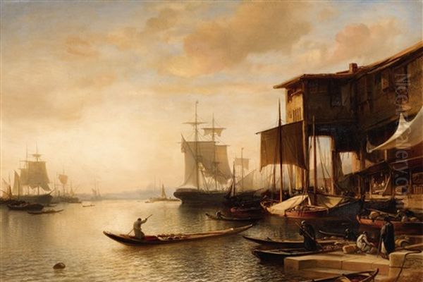 A Busy Market Scene At Istanbul Harbour Oil Painting by Jacob Jacobs