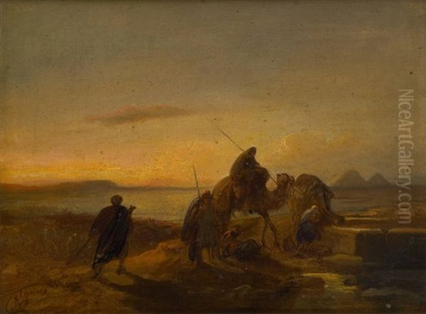 Caravane Arrivant Au Puits (orientaliste) Oil Painting by Jacob Jacobs