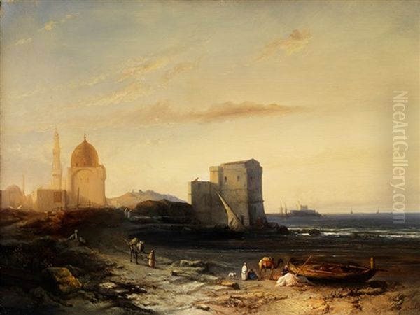 Kuste An Einer Orientalischen Stadt Mit Moscheekuppel Und Minarett Oil Painting by Jacob Jacobs