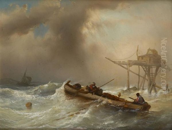 Barque De Pecheurs Dans Une Mer Agitee Oil Painting by Jacob Jacobs